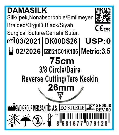 Damasilk Cerrahi Sütür - Emilmeyen Dikiş İpliği - İpek İplik - USP:0 - 75 cm - 3/8 Daire 26 mm - Ters Keskin İğne
