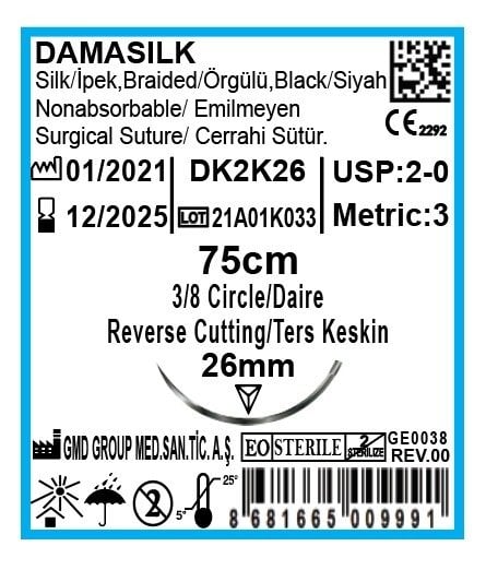 Damasilk Cerrahi Sütür - Emilmeyen Dikiş İpliği - İpek İplik - USP:2-0 - 75 cm - 3/8 Daire 26 mm - Ters Keskin İğne