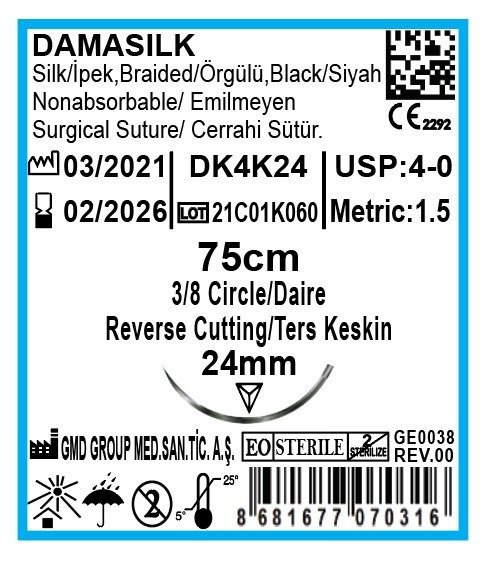 Damasilk Cerrahi Sütür - Emilmeyen Dikiş İpliği - İpek İplik - USP:4-0 - 75 cm - 3/8 Daire 24 mm - Ters Keskin İğne