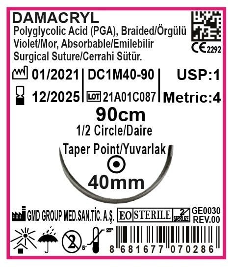Damacryl Emilebilir Cerrahi Sütür - PGA İplik - USP: 1-90cm - 1/2 Daire 40 mm - Yuvarlak İğne