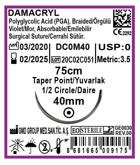 Damacryl Emilebilir Cerrahi Sütür - PGA İplik - USP: 0-75cm - 1/2 Daire 40 mm - Yuvarlak İğne