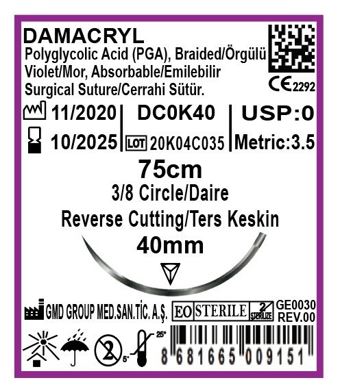 Damacryl Emilebilir Cerrahi Sütür - PGA İplik - USP: 0-75cm - 3/8 Daire 40 mm - Ters Keskin İğne
