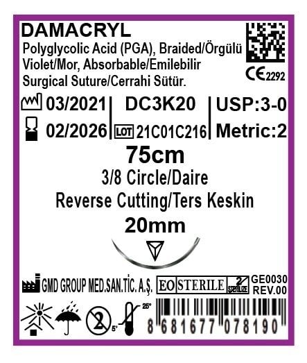Damacryl Emilebilir Cerrahi Sütür - PGA İplik - USP:3-0-75cm - 3/8 Daire 20 mm - Ters Keskin İğne
