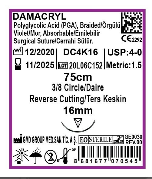 Damacryl Emilebilir Cerrahi Sütür - PGA İplik - USP:4-0-75cm - 3/8 Daire 16 mm - Keskin İğne