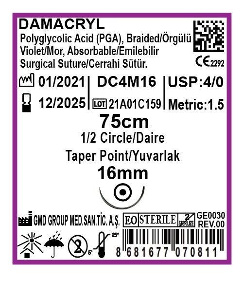 Damacryl Emilebilir Cerrahi Sütür - PGA İplik - USP:4-0-75cm - 1/2 Daire 16 mm - Yuvarlak İğne