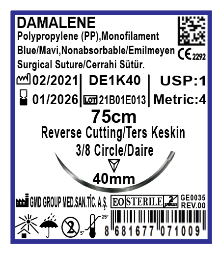 Damalene Emilmeyen Cerrahi Sütür - PP İplik - USP: 1-75 cm - 3/8 Daire 40 mm - Ters Keskin İğne