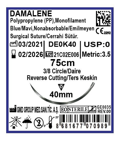 Damalene Emilmeyen Cerrahi Sütür - PP İplik - USP: 0-75 cm - 3/8 Daire 40 mm - Ters Keskin İğne