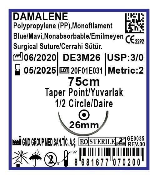 Damalene Emilmeyen Cerrahi Sütür - PP iplik - USP:3-0 - 75cm - 1/2 Daire 26 mm - Yuvarlak İğne