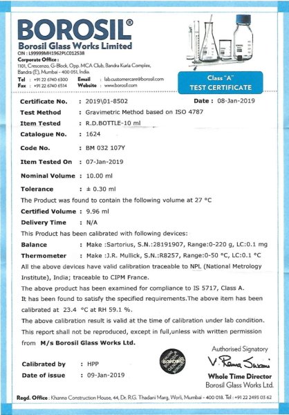 Borosil Cam Piknometre 25 ml - Kalibreli - Sertifikalı