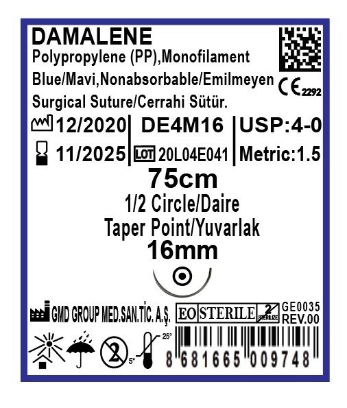 Damalene Emilmeyen Cerrahi Sütür - PP iplik - USP:4-0 - 75cm - 1/2 Daire 16 mm - Yuvarlak İğne