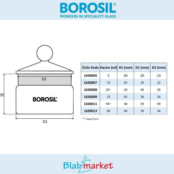 Borosil Cam Vezin Kabı 20 ml - Laboratuvar Tartım Kabı