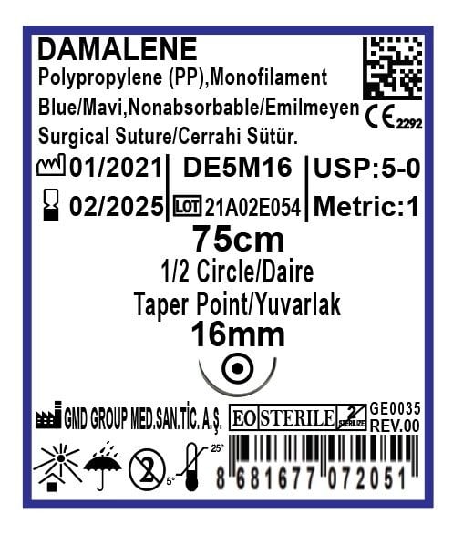 Damalene Emilmeyen Cerrahi Sütür - PP iplik - USP:5-0 - 75cm - 1/2 Daire 16 mm - Yuvarlak İğne