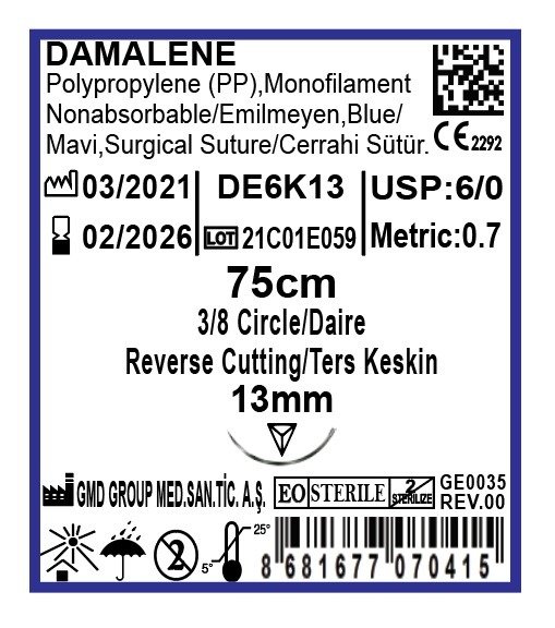 Damalene Emilmeyen Cerrahi Sütür - PP İplik - USP: 6-0-75cm - USP: 6-0-75cm - 3/8 Daire 13 mm - Ters Keskin İğne