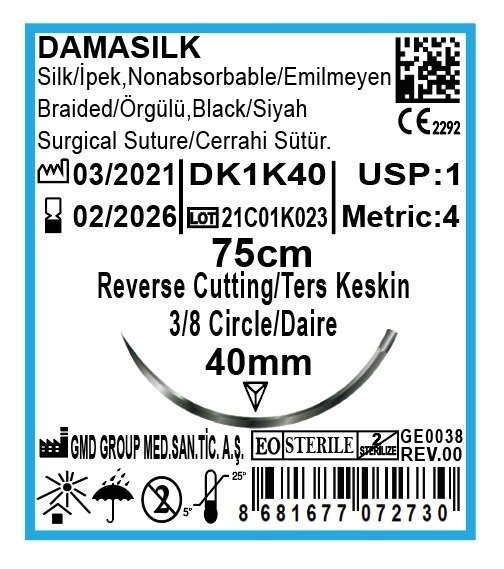 Damasilk Cerrahi Sütür - Emilmeyen Dikiş İpliği - İpek İplik - USP:1 - 75 cm - 3/8 Daire 40 mm - Ters Keskin İğne