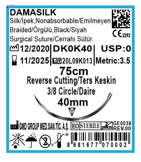 Damasilk Cerrahi Sütür - Emilmeyen Dikiş İpliği - İpek İplik - USP:0 - 75 cm - 3/8 Daire 40 mm - Ters Keskin İğne