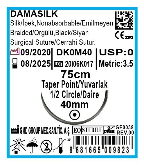 Cerrahi Sütür - Emilmeyen Dikiş İpliği - Damasilk İpek İplik - USP: 0-75 cm - 1/2 Daire 40mm - Yuvarlak İğne