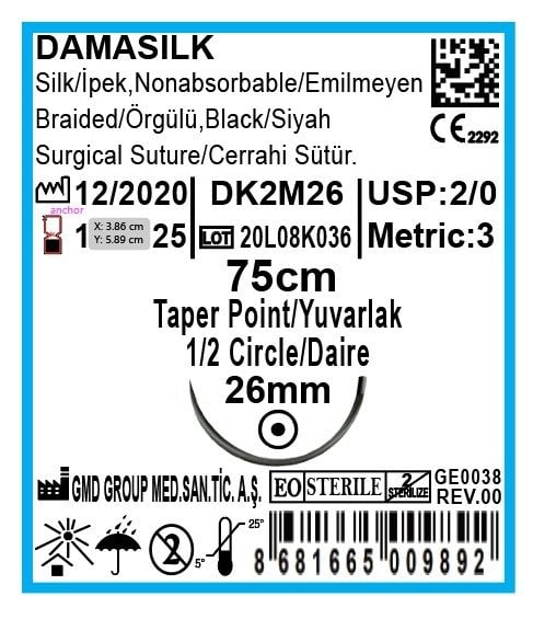 Cerrahi Sütür - Emilmeyen Dikiş İpliği - Damasilk İpek İplik - USP:2-0-75 cm - 1/2 Daire 26 mm - Yuvarlak İğne