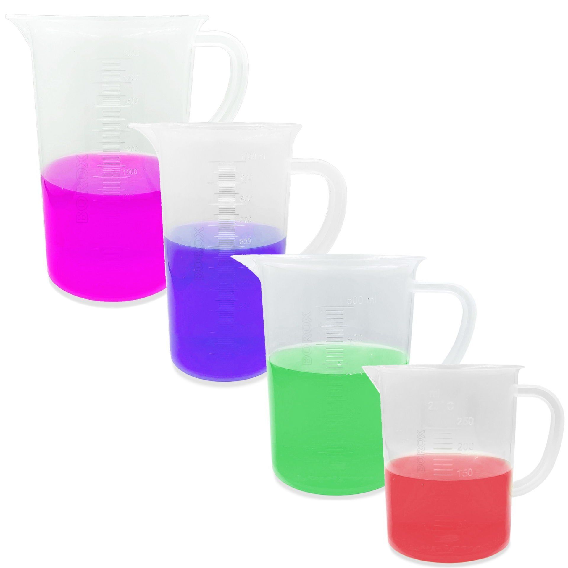 Borox Kulplu Plastik Beher - Kabartma Dereceli Beaker - Ölçü Kabı - 4 Farklı Hacim Toptan