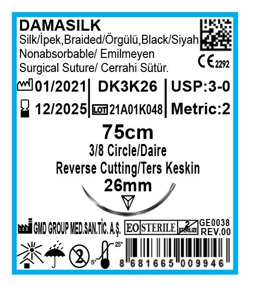 Damasilk Cerrahi Sütür - Emilmeyen Dikiş İpliği - İpek İplik - USP:3-0 - 75 cm - 3/8 Daire 26 mm - Ters Keskin İğne