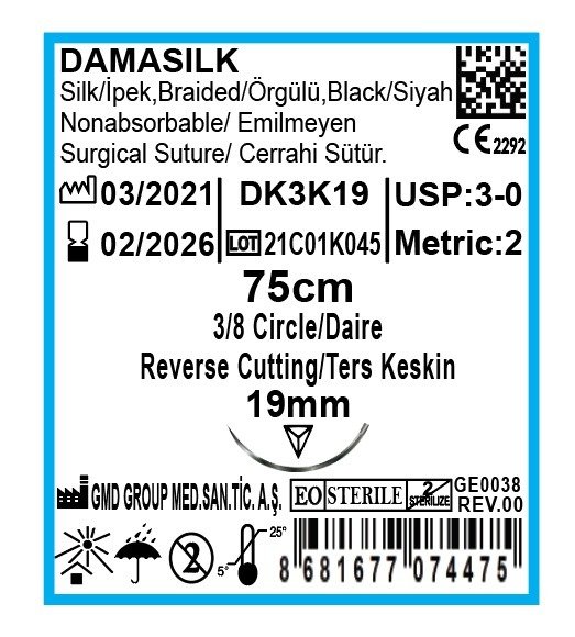 Damasilk Cerrahi Sütür - Emilmeyen Dikiş İpliği - İpek İplik - USP:3-0 - 75 cm - 3/8 Daire 19 mm - Ters Keskin İğne