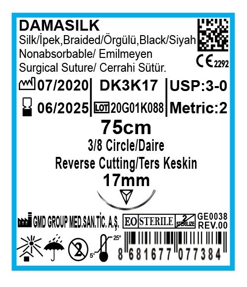 Damasilk Cerrahi Sütür - Emilmeyen Dikiş İpliği - İpek İplik - USP:3-0 - 75 cm - 3/8 Daire 17 mm - Ters Keskin İğne