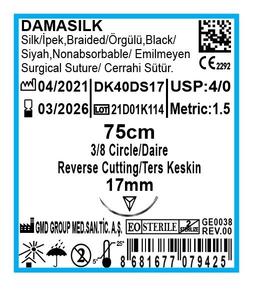 Damasilk Cerrahi Sütür - Emilmeyen Dikiş İpliği - İpek İplik - USP:4-0 - 75 cm 3/8 Daire 17 mm - Ters Keskin İğne