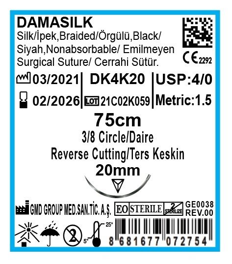 Damasilk Cerrahi Sütür - Emilmeyen Dikiş İpliği - İpek İplik - USP:4-0 - 75 cm - 3/8 Daire 20 mm - Ters Keskin İğne