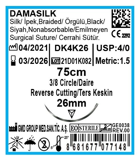 Damasilk Cerrahi Sütür - Emilmeyen Dikiş İpliği - İpek İplik - USP:4-0 - 75 cm - 3/8 Daire 26 mm - Ters Keskin İğne