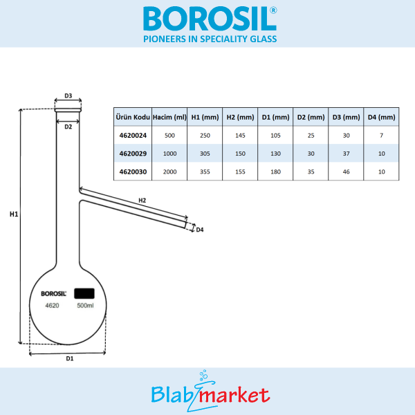 Borosil Cam Balon 500 ml - Dibi Yuvarlak Destilasyon Balonu