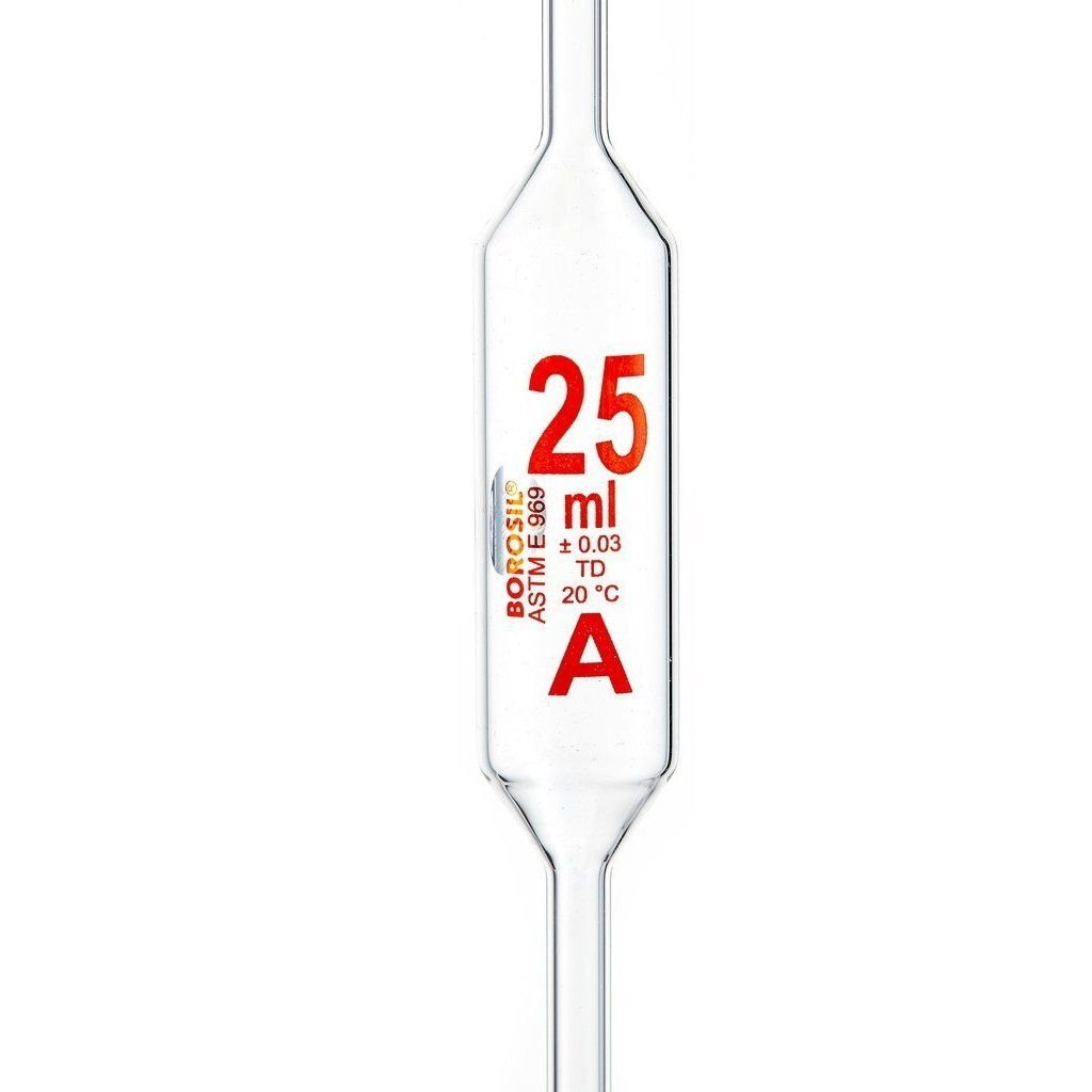 Borosil Cam Bullu Pipet 25 ml - ClassA Sertifikalı Pipet Cam