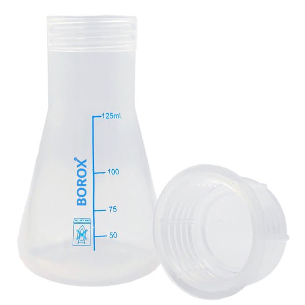 Borox Plastik Erlen 125 ml - Erlenmeyer Flask Vida Kapaklı - Mavi Skala