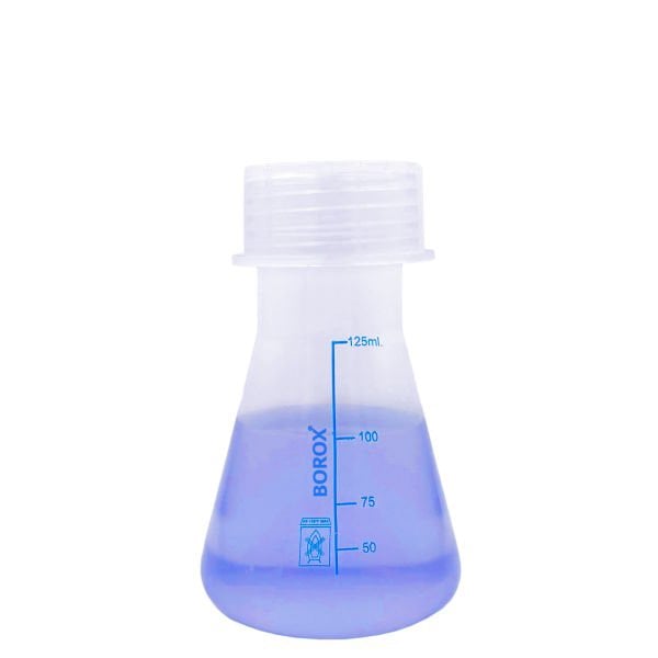 Borox Plastik Erlen 125 ml - Erlenmeyer Flask Vida Kapaklı - Mavi Skala