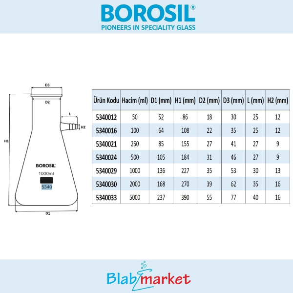 Borosil Cam Nuçe Erlen 1000 ml - Cam Yan Kollu Vakum Erleni