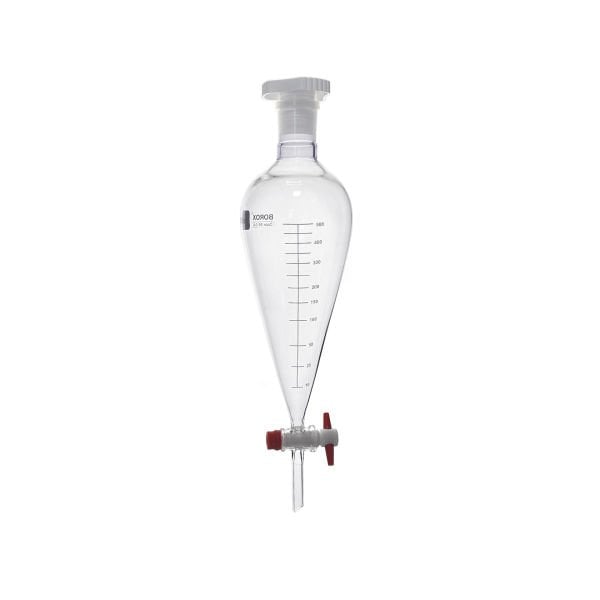 Borox Cam Ayırma Hunisi 500 ml - Konik Tip - Teflon Musluklu Tıpalı - Hacim Ölçekli