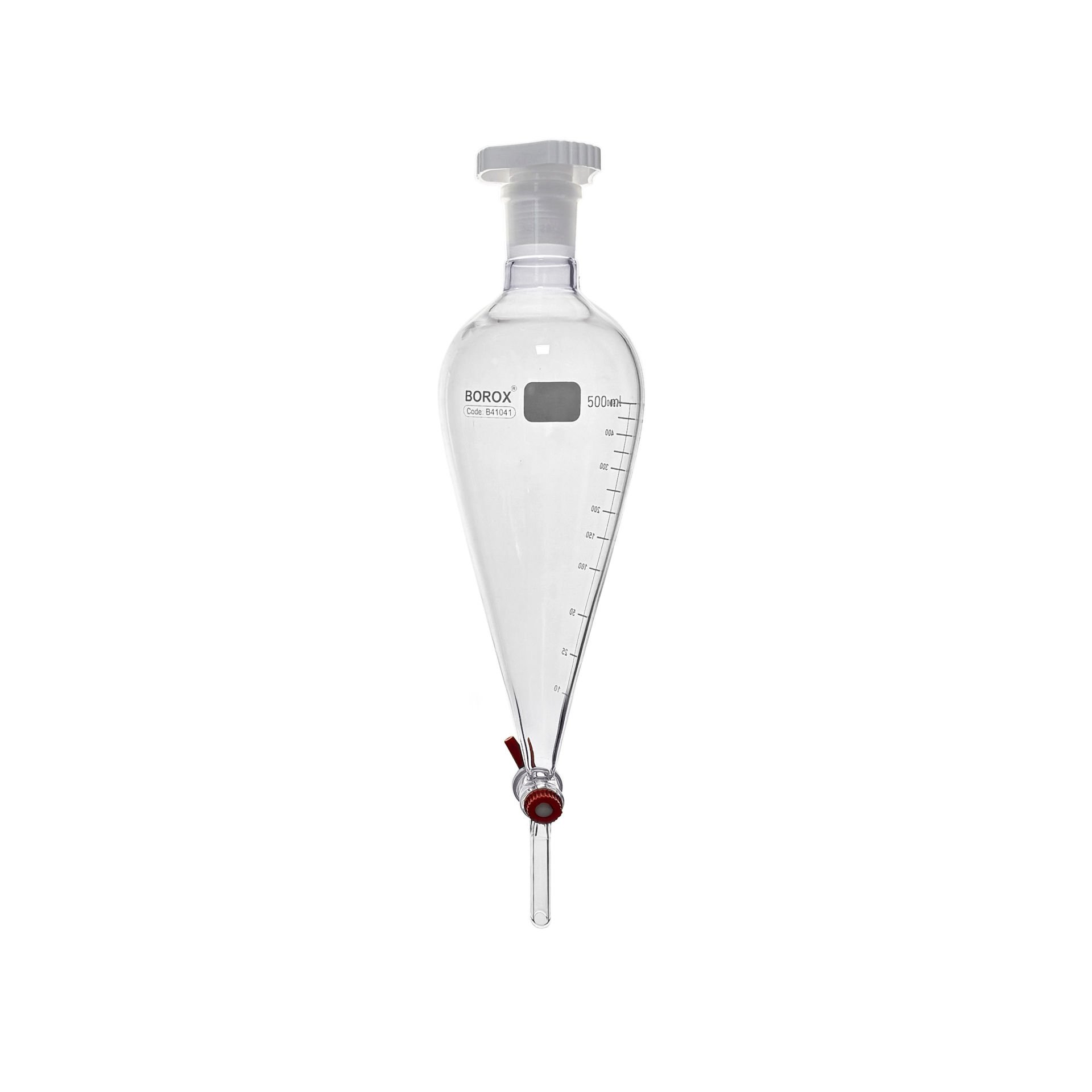 Borox Cam Ayırma Hunisi 500 ml - Konik Tip - Teflon Musluklu Tıpalı - Hacim Ölçekli