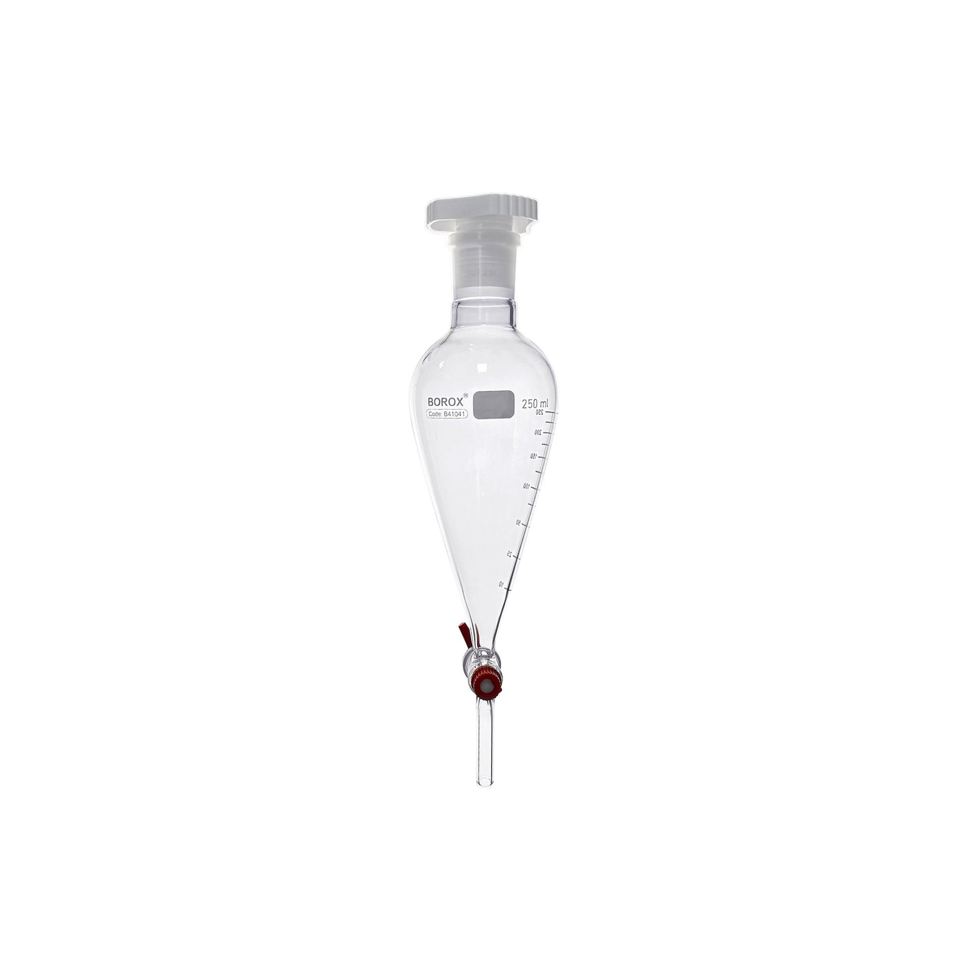 Borox Cam Ayırma Hunisi 250 ml - Konik Tip - Teflon Musluklu Tıpalı - Hacim Ölçekli