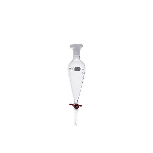 Borox Cam Ayırma Hunisi 100 ml - Konik Tip - Teflon Musluklu Tıpalı - Hacim Ölçekli