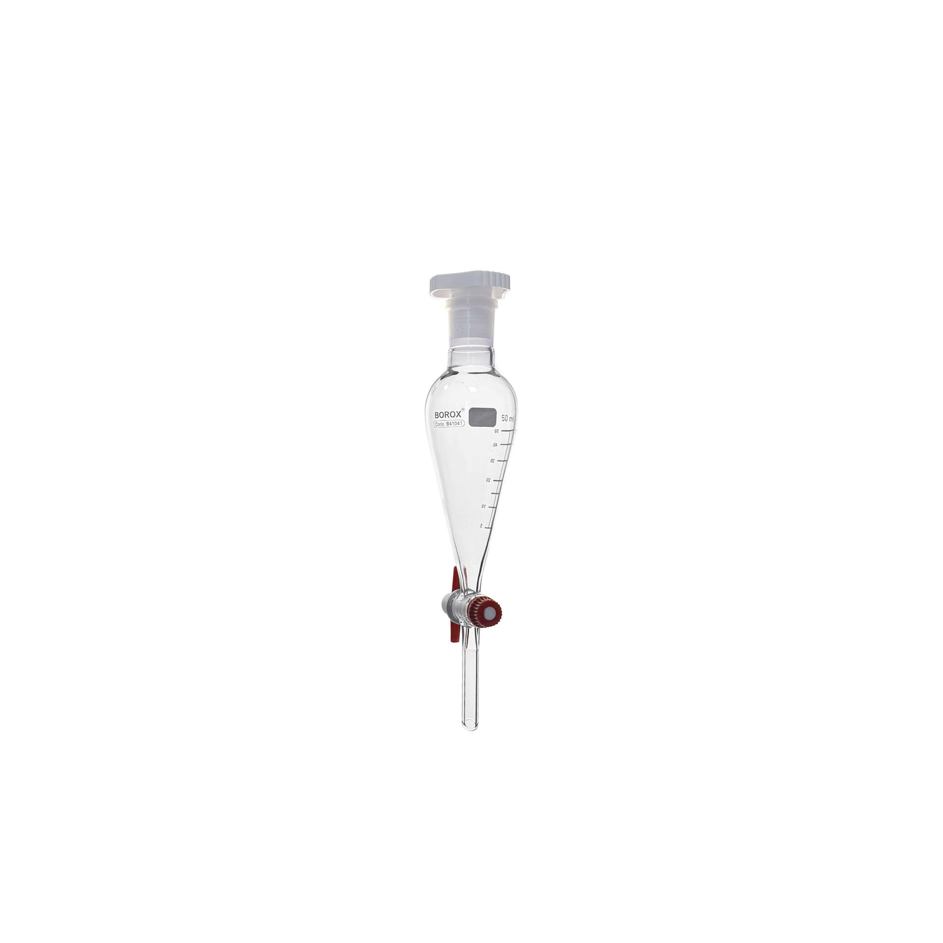 Borox Cam Ayırma Hunisi 50 ml - Konik Tip - Teflon Musluklu Tıpalı - Hacim Ölçekli
