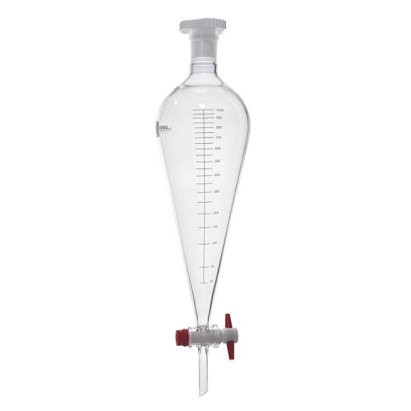 Borox Cam Ayırma Hunisi 1000 ml - Konik Tip - Teflon Musluklu Tıpalı - Hacim Ölçekli