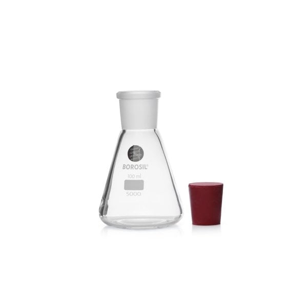 Borosil Cam Erlen Şilifli 100 ml - Erlenmeyer Flask Tıpalı