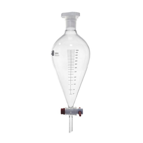 Borox Cam Ayırma Hunisi 1000 ml - Armudi Tip - Teflon Musluklu Tıpalı - Hacim Ölçekli