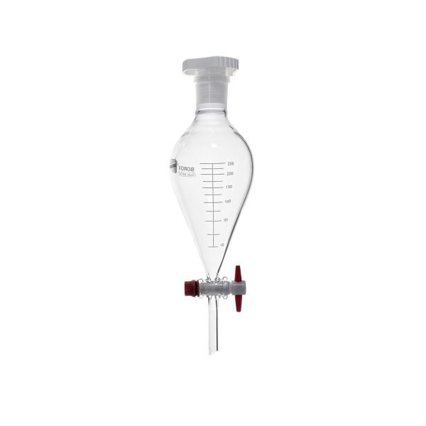 Borox Cam Ayırma Hunisi 250 ml - Armudi Tip - Teflon Musluklu Tıpalı - Hacim Ölçekli