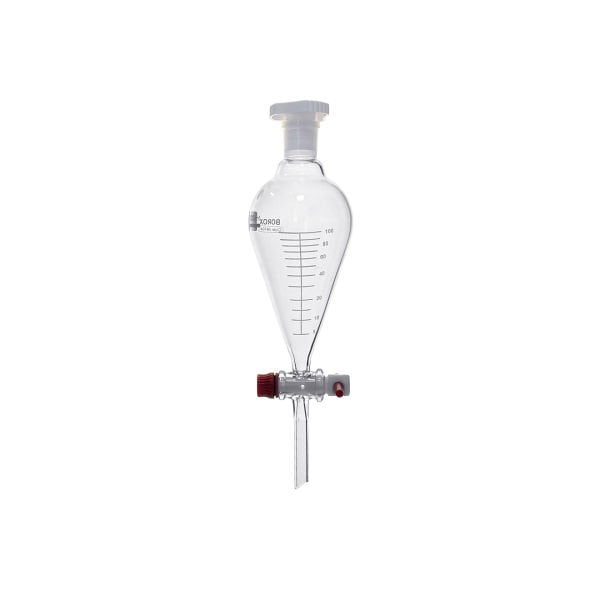 Borox Cam Ayırma Hunisi 100 ml - Armudi Tip - Teflon Musluklu Tıpalı - Hacim Ölçekli