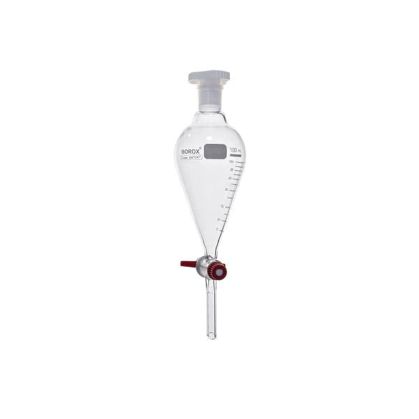 Borox Cam Ayırma Hunisi 100 ml - Armudi Tip - Teflon Musluklu Tıpalı - Hacim Ölçekli