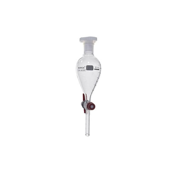 Borox Cam Ayırma Hunisi 50 ml - Armudi Tip - Teflon Musluklu Tıpalı - Hacim Ölçekli