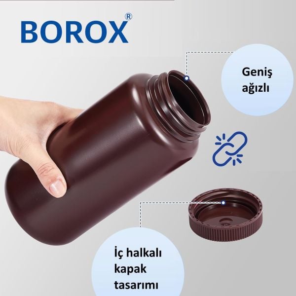 Borox Numune Şişesi 250ml - Vida Kapaklı - HDPE Amber Şişe - Geniş Ağızlı Saklama Şişesi