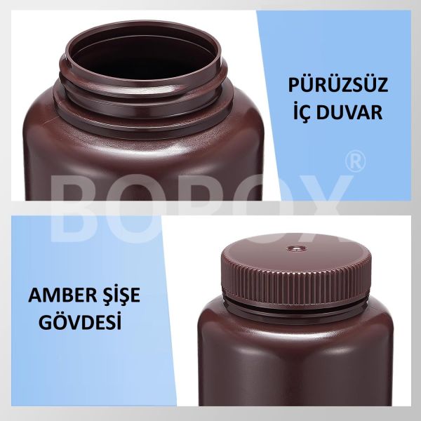Borox Numune Şişesi 250ml - Vida Kapaklı - HDPE Amber Şişe - Geniş Ağızlı Saklama Şişesi