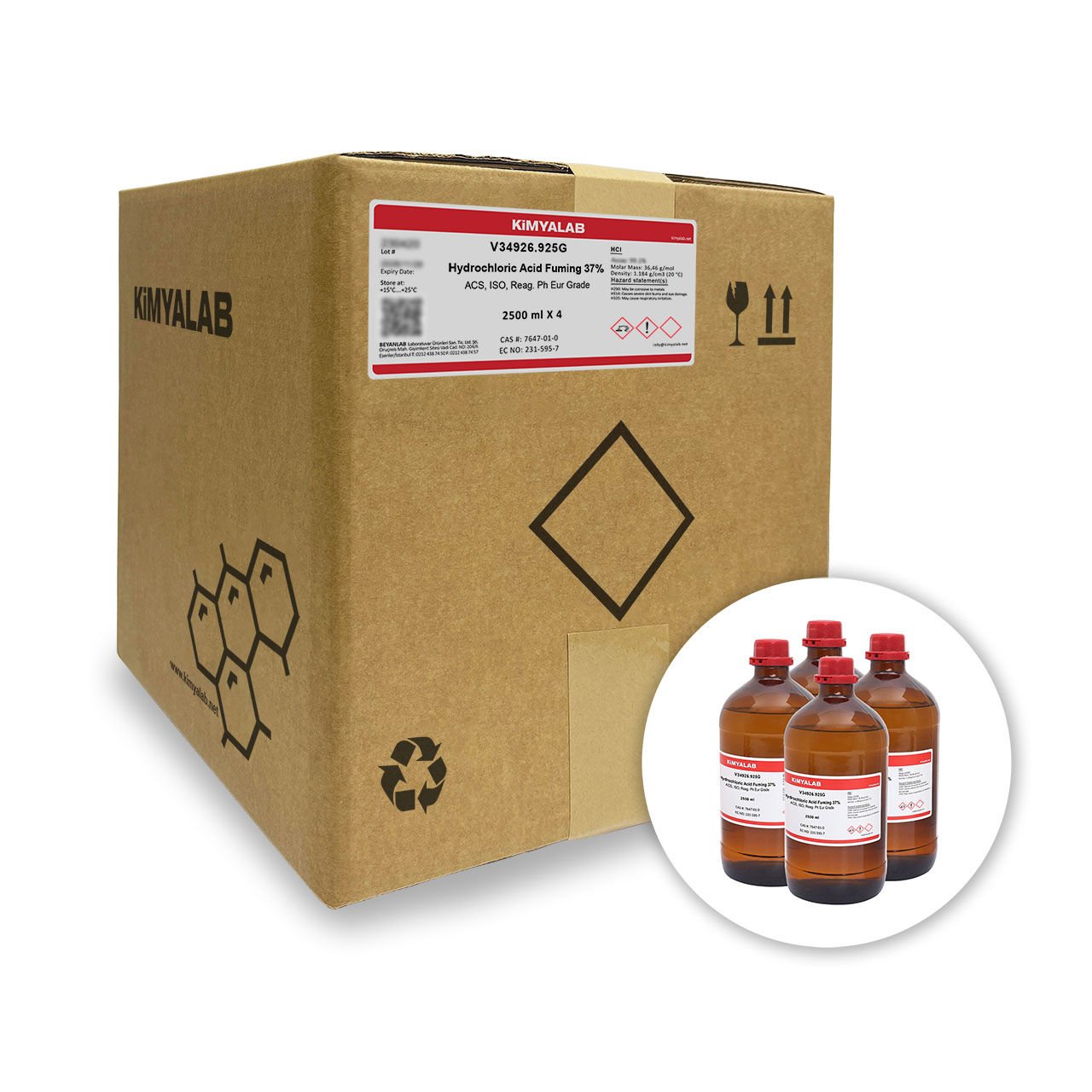 Kimyalab Hidroklorik Asit - Hydrochloric Acid Fuming 37% - 2,5Lx4-Koli Toptan