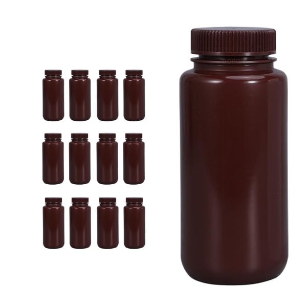 Borox Numune Şişesi 500ml - Vida Kapaklı - HDPE Amber Şişe - Geniş Ağızlı Saklama Şişesi - 12 Adet Toptan