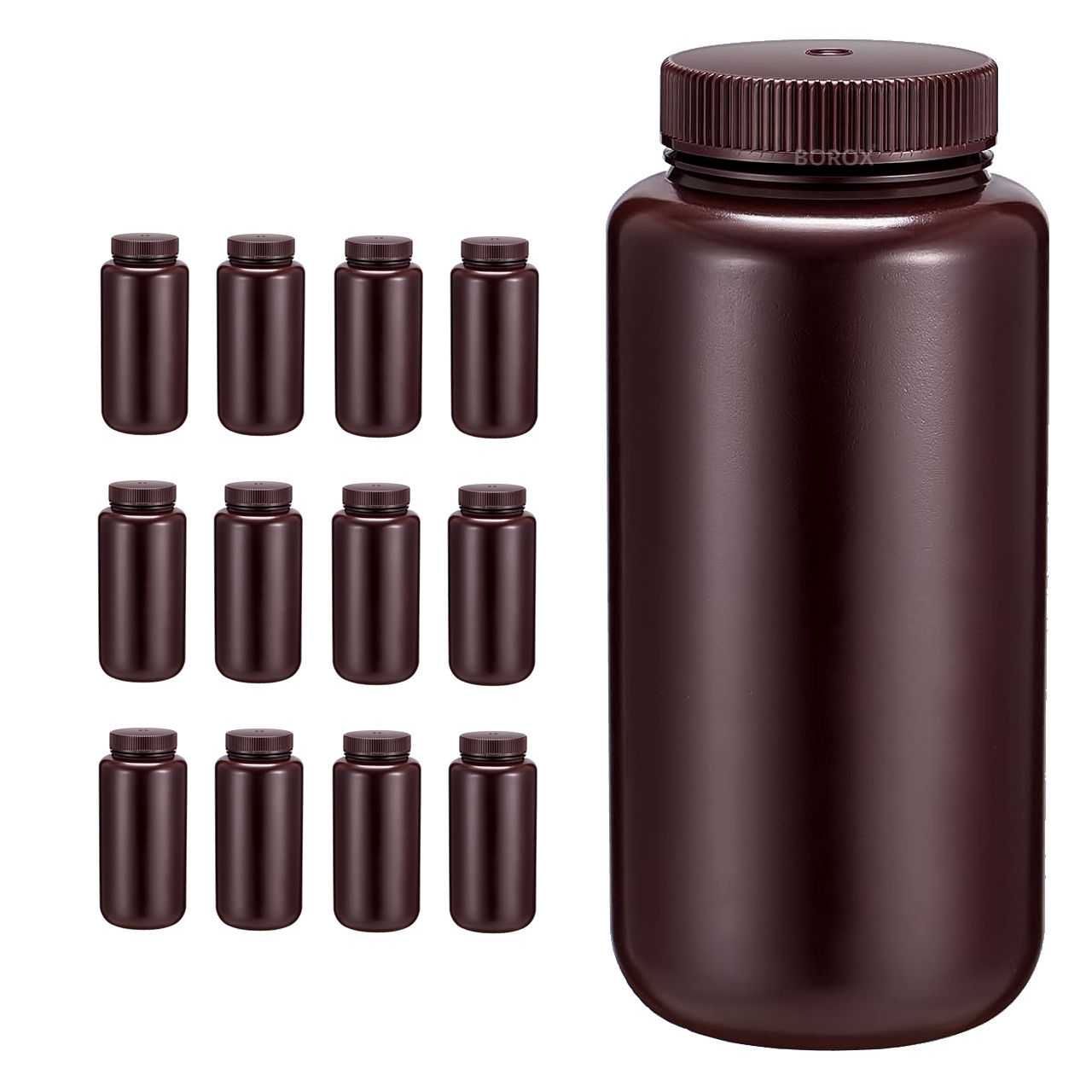Borox Numune Şişesi 1000ml - Vida Kapaklı - HDPE Amber Şişe - Geniş Ağızlı Saklama Şişesi - 12 Adet Toptan